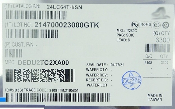 24LC64T-I/SN SERIAL Microchip Spi EEPROM 64KBIT 400KHZ, SOIC-8